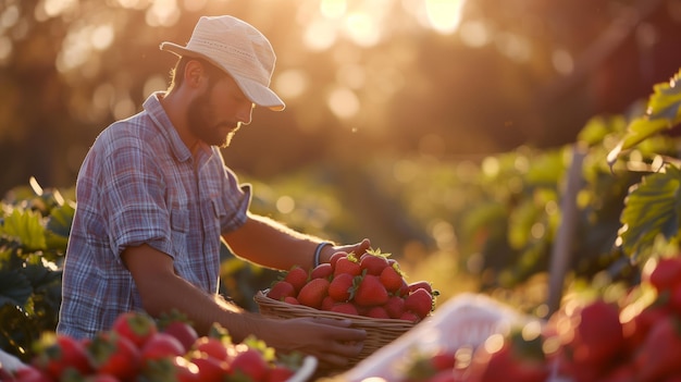 A young farmer inspecting a bushel of plump strawberries in a soft diffused morning light