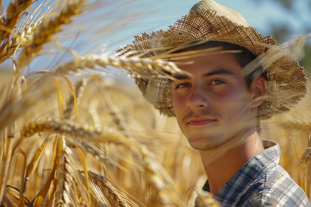 Young farmer smiling in golden wheat field