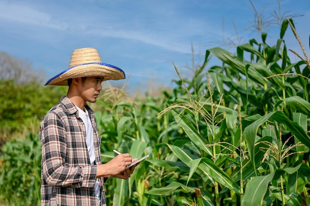 Young farmer using digital tablet to keep up the process in corn planting