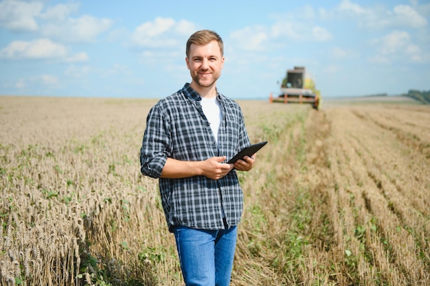 Young farmer in wheat field during harvest in summer