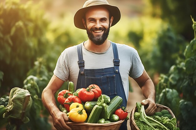 young farmer with basket of vegetables in vegetable garden