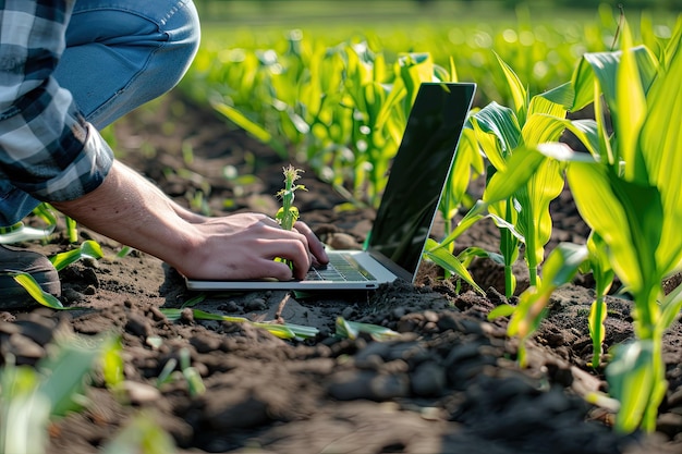 Photo young farmers are researching corn plants and recording them on a laptop