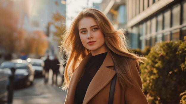 Young fashion woman in a stylish outfit walks through a city with a building behind her