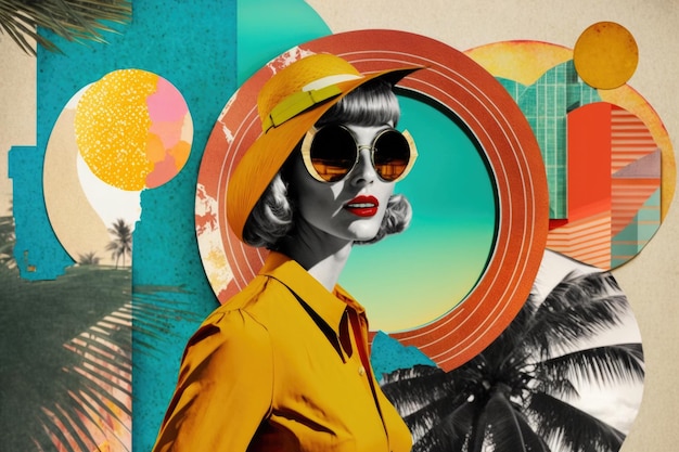 Young fashion woman wearing 60s retro style dress and hat Summer travel landscape Generative AI