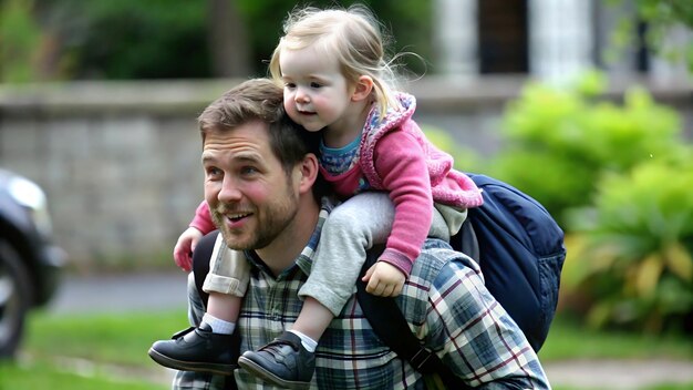 Photo young father carrying his daughter on back