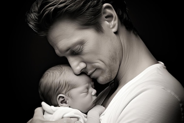 Young father cradles his newborn baby in his arms