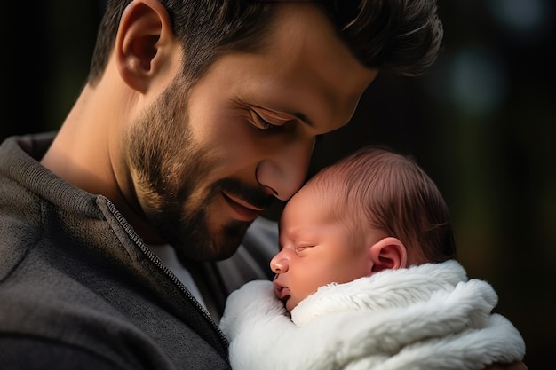 Young father cradles his newborn baby in his arms