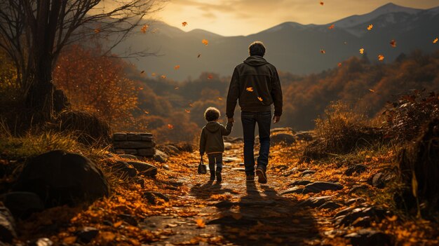 A young father and little child walking along a beautiful autumn forest Generative Ai