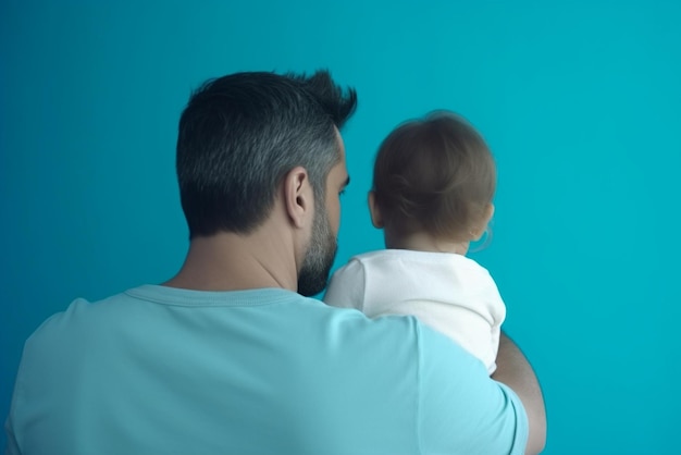 Young father and little daughter looking at each other on blue background Happy Fathers day concept