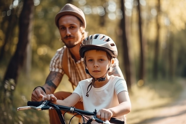 Young father with his little boy riding his bike in the park Generative AI illustration