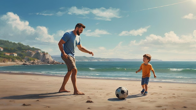 Young father with his little son playing football on the beach sea sunny day summer