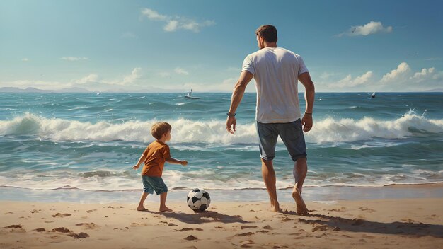 Young father with his little son playing football on the beach sea sunny day summer