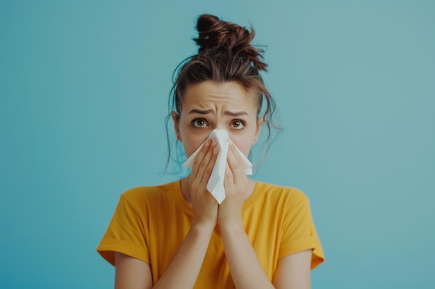 young feels unwell blows nose tissue suffers from running nose cold symptoms or allergy