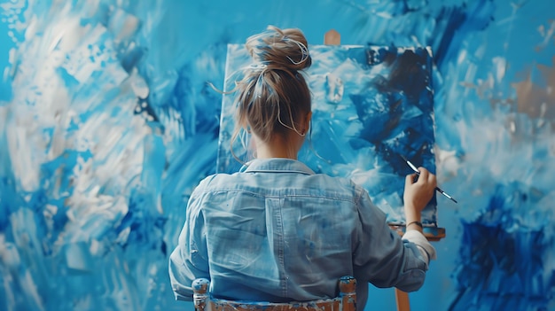 Young Female Artist Finger Painting on Canvas with Blue and White Paint