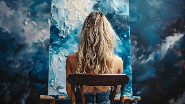 Photo young female artist finger painting on canvas with blue and white paint