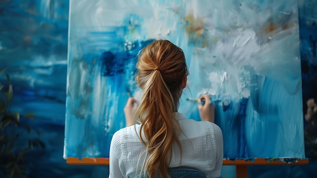 Young Female Artist Finger Painting on Canvas with Blue and White Paint