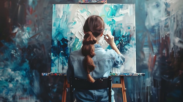 Young Female Artist Finger Painting on Canvas with Blue and White Paint