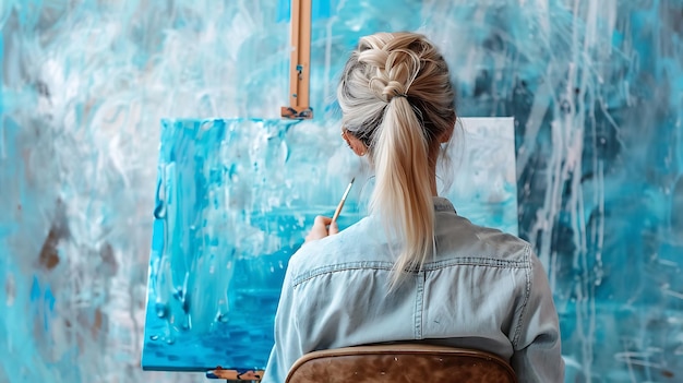 Photo young female artist finger painting on canvas with blue and white paint