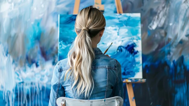 Photo young female artist finger painting on canvas with blue and white paint