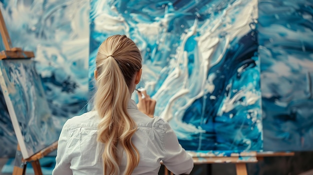 Photo young female artist finger painting on canvas with blue and white paint