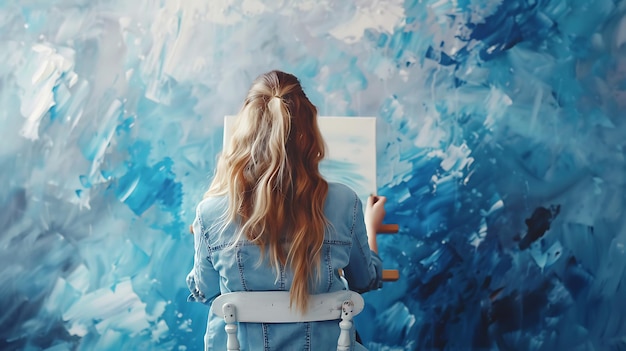 Photo young female artist finger painting on canvas with blue and white paint