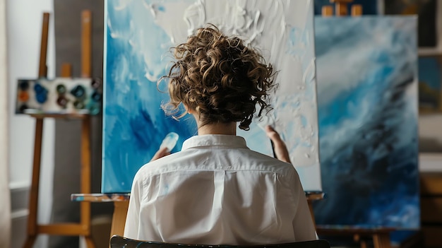 Young Female Artist Finger Painting on Canvas with Blue and White Paint