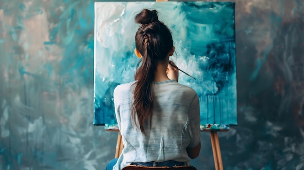 Photo young female artist finger painting on canvas with blue and white paint