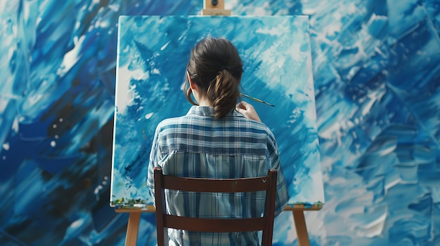 Young Female Artist Finger Painting on Canvas with Blue and White Paint