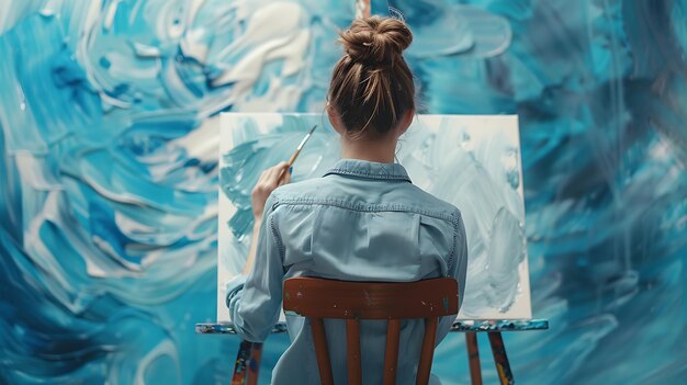 Photo young female artist finger painting on canvas with blue and white paint