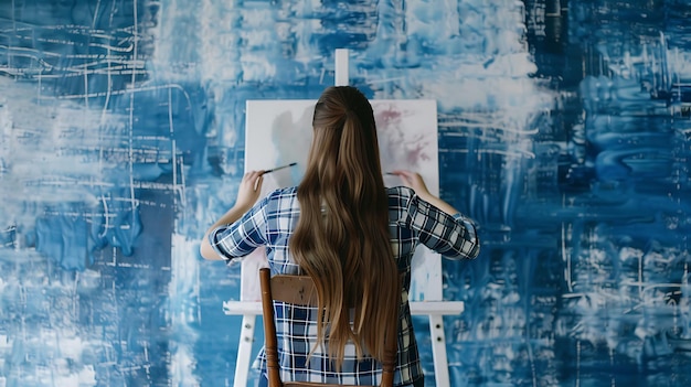 Photo young female artist finger painting on canvas with blue and white paint