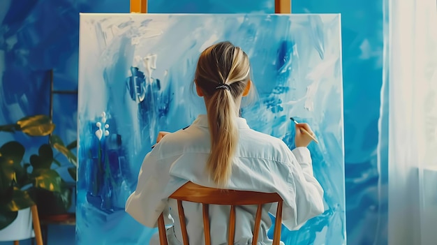 Young Female Artist Finger Painting on Canvas with Blue and White Paint