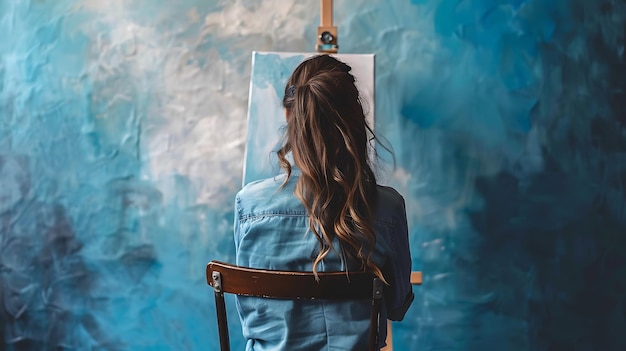 Photo young female artist finger painting on canvas with blue and white paint