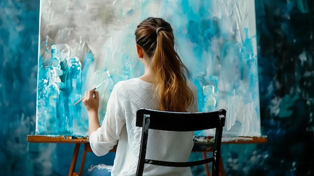 Young Female Artist Finger Painting on Canvas with Blue and White Paint