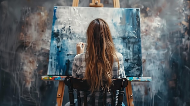 Young Female Artist Finger Painting on Canvas with Blue and White Paint