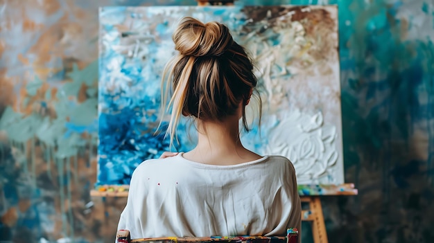 Young Female Artist Finger Painting on Canvas with Blue and White Paint