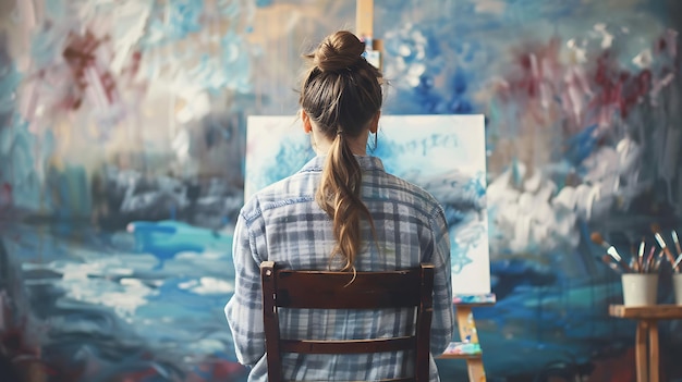 Young Female Artist Finger Painting on Canvas with Blue and White Paint