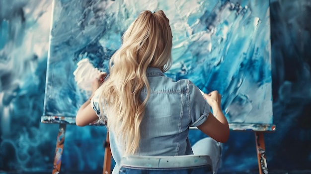 Photo young female artist finger painting on canvas with blue and white paint