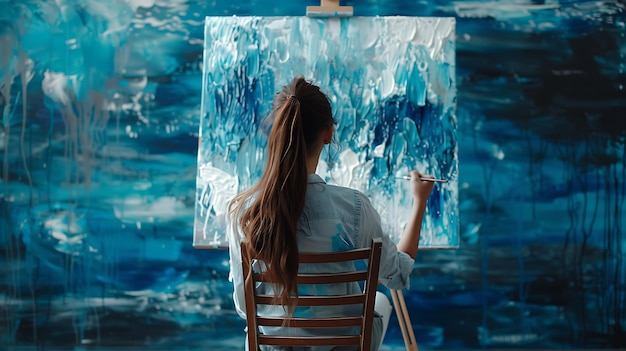 Photo young female artist finger painting on canvas with blue and white paint