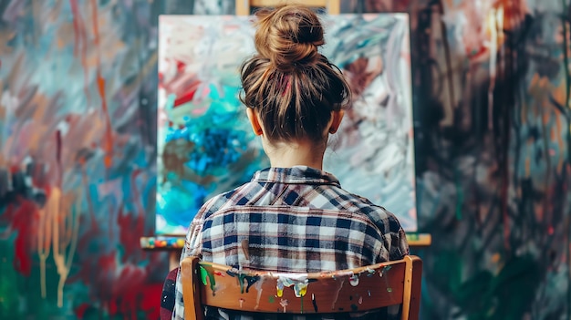 Young Female Artist Finger Painting on Canvas with Blue and White Paint