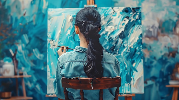 Young Female Artist Finger Painting on Canvas with Blue and White Paint