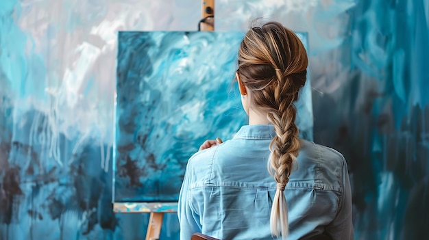 Photo young female artist finger painting on canvas with blue and white paint