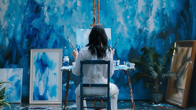 Photo young female artist finger painting on canvas with blue and white paint