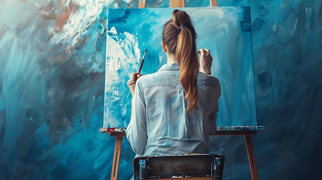 Photo young female artist finger painting on canvas with blue and white paint