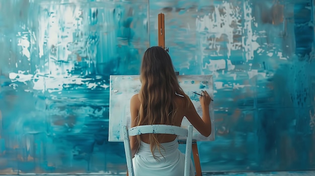 Photo young female artist finger painting on canvas with blue and white paint