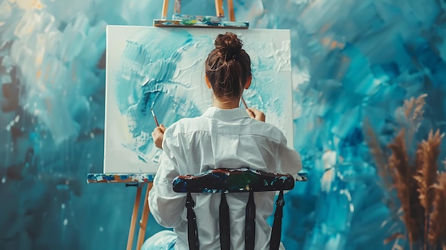 Young Female Artist Finger Painting on Canvas with Blue and White Paint