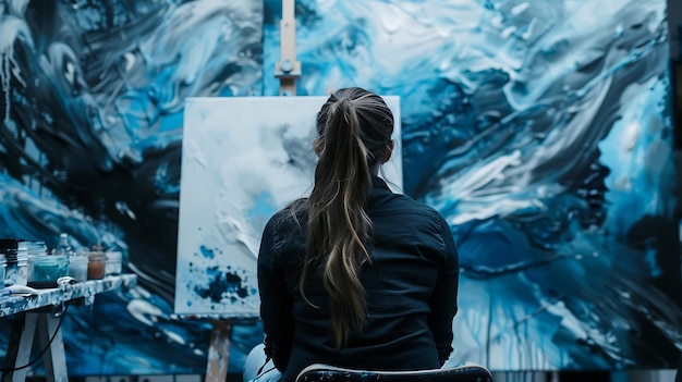 Photo young female artist finger painting on canvas with blue and white paint