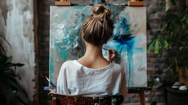 Photo young female artist finger painting on canvas with blue and white paint