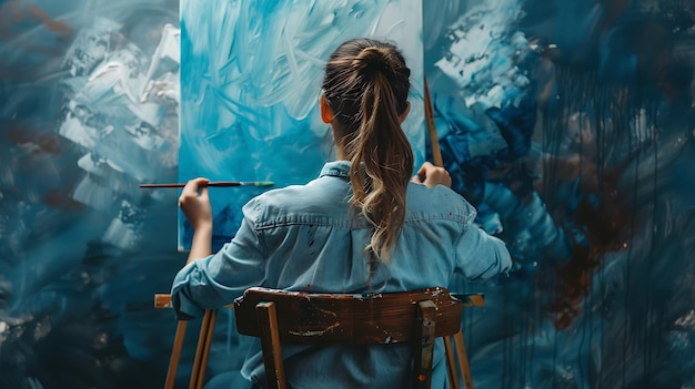 Photo young female artist finger painting on canvas with blue and white paint