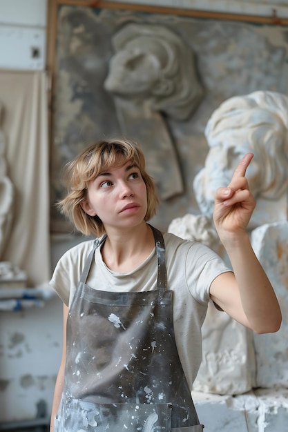 Young Female Artist Inspecting Her Marble Sculpture