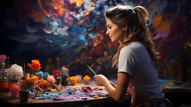 Young female artist is focused while working on a painting in the studio Dark Creative Studio Large